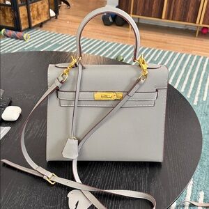Chic Gray Satchel with Gold Hardware